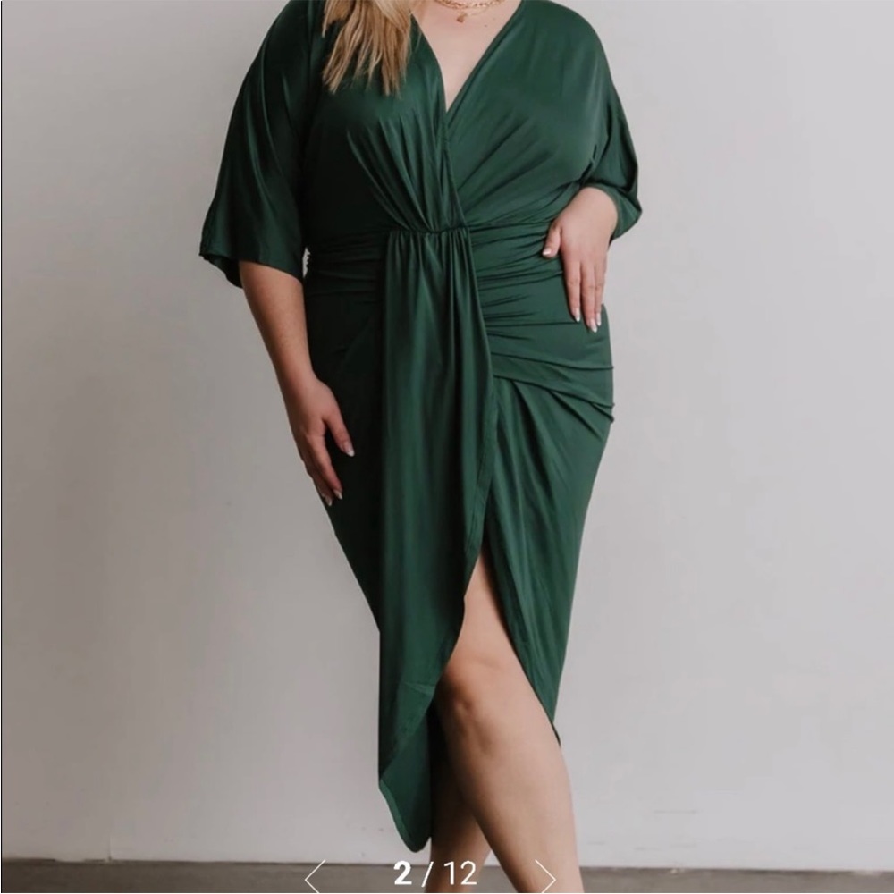 Emerald Green Draped Wrap Midi Dress
